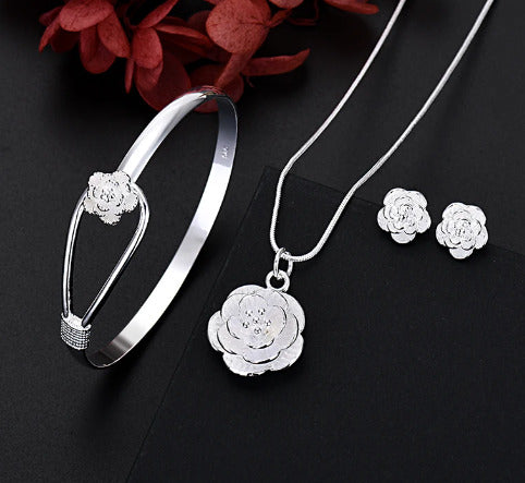 925 Sterling Silver Jewelry Set, Charm Flower Necklace Earring Bangle, Women Retro Jewelry Set, Wedding Gift Jewelry Set, Jewelry For Women