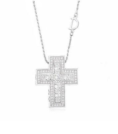 925 Silver Necklace, Sterling Silver Necklace, Women's Necklace, Double Cross Necklace, Belle Epoque Zircon Pendant Necklace Jewelry Gift