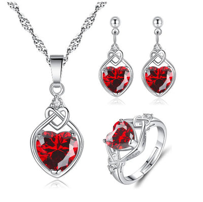 925 Sterling Silver Jewelry Set, Red Heart Zircon Jewelry Set, Elegant Women's Jewelry Set, Wedding Jewelry Set, Ring Earring Necklace Set