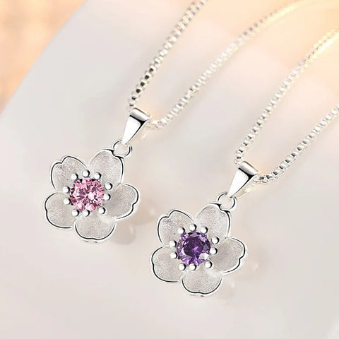 925 Silver Chain Necklace, Pink Purple Peach Blossom Jewelry, Luxury Necklace For Women, Party Wear Jewelry, Wedding Necklace Gift