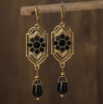 Antique Gold Color Long Water Drop Tassel Earrings For Women, Black Stone Dangle Earrings, Women's Fashion Jewelry, Earrings For Women Gift