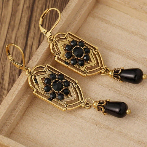 Antique Gold Color Long Water Drop Tassel Earrings For Women, Black Stone Dangle Earrings, Women's Fashion Jewelry, Earrings For Women Gift