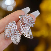 Exquisite Zircon Leaf Hollow Silver Color Earrings for Women, Party Premium Jewelry, Wedding Earrings, Fashion Earrings, Gifts For Her