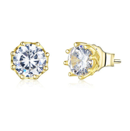 14K Gold Plated Solitaire Round Clear CZ Stud Earring