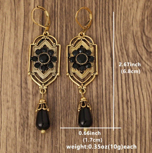 Antique Gold Color Long Water Drop Tassel Earrings For Women, Black Stone Dangle Earrings, Women's Fashion Jewelry, Earrings For Women Gift