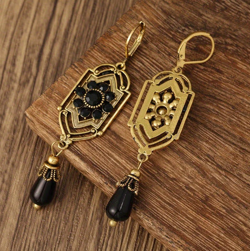 Antique Gold Color Long Water Drop Tassel Earrings For Women, Black Stone Dangle Earrings, Women's Fashion Jewelry, Earrings For Women Gift