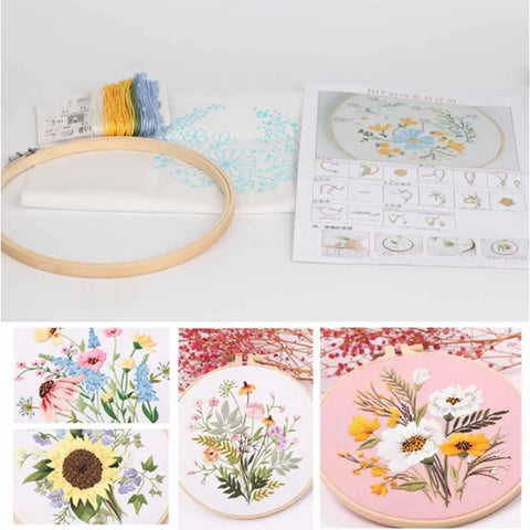 Embroidery Kit For Beginner & Full Kit Floral Embroidery with Needlepoint Hoop