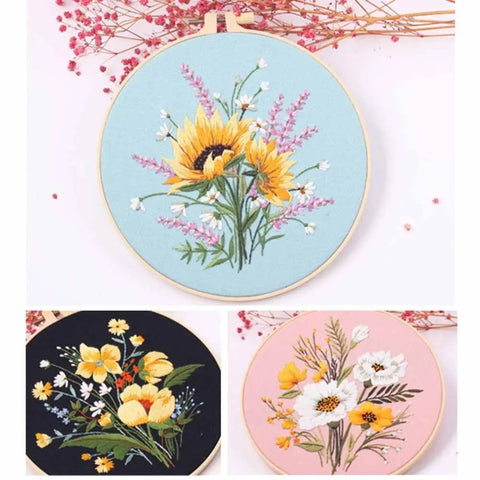 Embroidery Kit For Beginner & Full Kit Floral Embroidery with Needlepoint Hoop