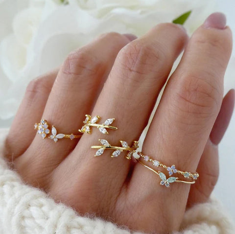 FNIO Fashion Crystal Leaves Rings for Women, Butterfly and Flower Rings Set, Birthday Gifts Jewelry, Elegant Rings, High-Quality Rings Set