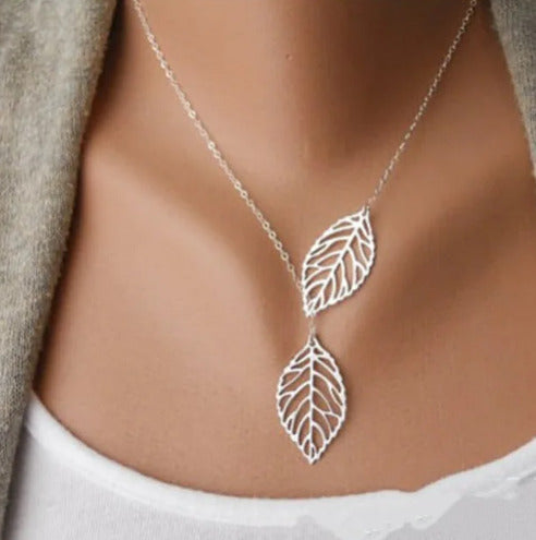 New Fashion Double Leaves Women Necklace, Leaf Pendant Necklace, Women Fashion Jewelry, Clavicle Necklace, Leaf Charm Necklace, Gift for Her