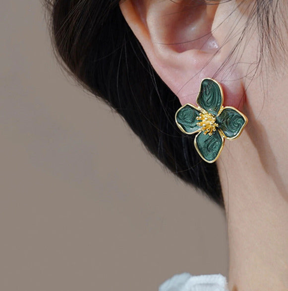 Hibiscus Dropped Glaze Flower Stud Earrings for Women, Vintage Fashion Korean Wedding Jewelry, Romantic Earrings for Women, Gifts For Women