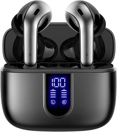 Bluetooth Headphones Black | Wireless Earbuds 60H | Playback Power | Display Earphones | Wireless Charging Case IPX5 Waterproof Headphones | Long Lasting Battery