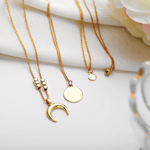 Vintage Crystal Pendant Fashion Personality Moon Disc Multilayer Pendant Necklaces Gold