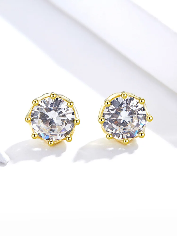 14K Gold Plated Solitaire Round Clear CZ Stud Earring