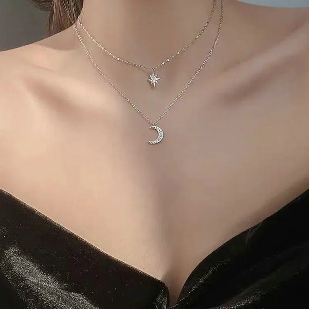 925 Silver Necklace for Women, Women's Jewelry, Double Layer Pendant Necklace, Zircon Star Moon Pendant, Delicate Chain Necklace, Party Gift