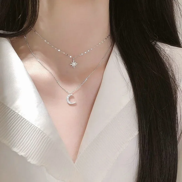 925 Silver Necklace for Women, Women's Jewelry, Double Layer Pendant Necklace, Zircon Star Moon Pendant, Delicate Chain Necklace, Party Gift