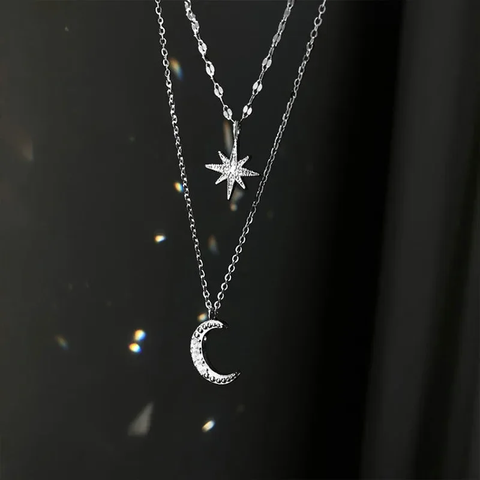 925 Silver Necklace for Women, Women's Jewelry, Double Layer Pendant Necklace, Zircon Star Moon Pendant, Delicate Chain Necklace, Party Gift