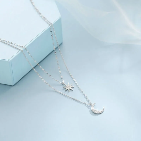 925 Silver Necklace for Women, Women's Jewelry, Double Layer Pendant Necklace, Zircon Star Moon Pendant, Delicate Chain Necklace, Party Gift