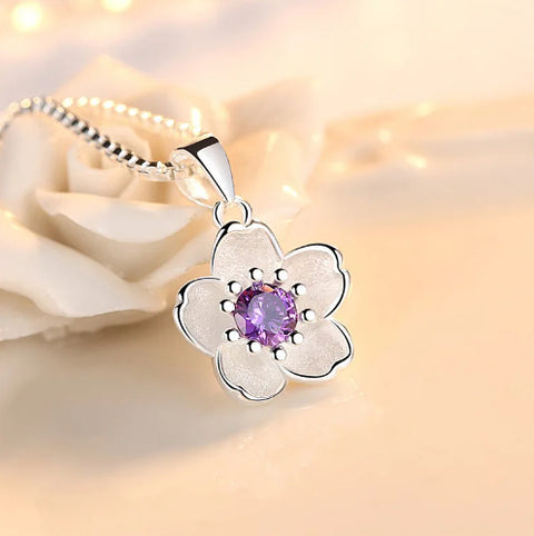 925 Silver Chain Necklace, Pink Purple Peach Blossom Jewelry, Luxury Necklace For Women, Party Wear Jewelry, Wedding Necklace Gift