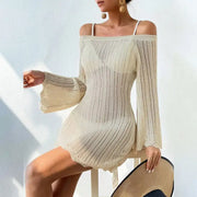 Solid Color Knitted Beach Dress Women Swimsuit Crochet Swim Cover Up Summer Bathing Suit Swimwear Knit Pullover Beach Dress